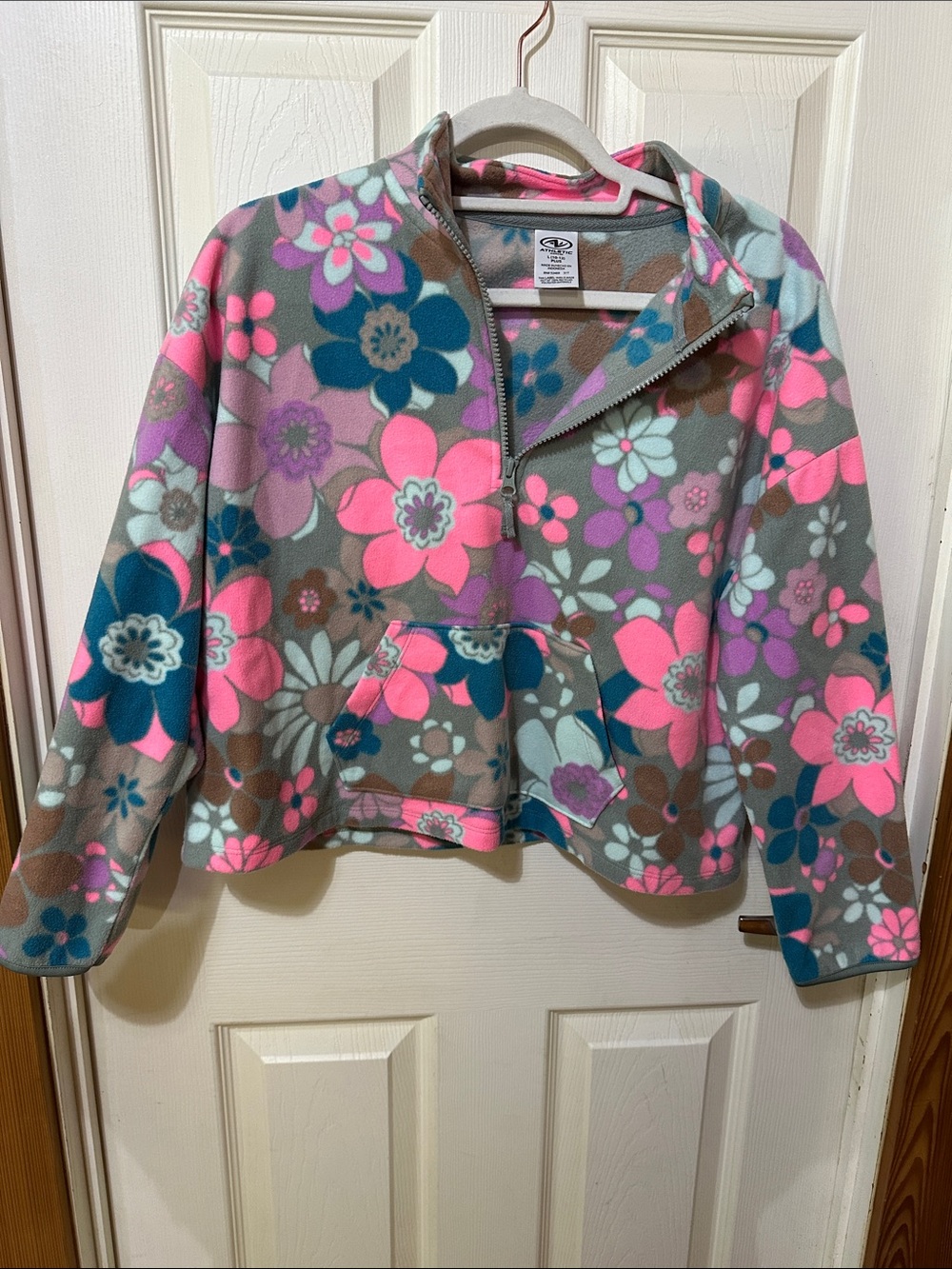Athletic Works Girls' Floral Half-Zip Puffer Jacket - Pink, Teal & Gray